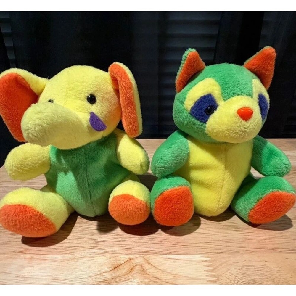 Vintage 1997 Sweetums Stuffums Plush Elephant Raccoon Neon Stuffed Animals Lot 2